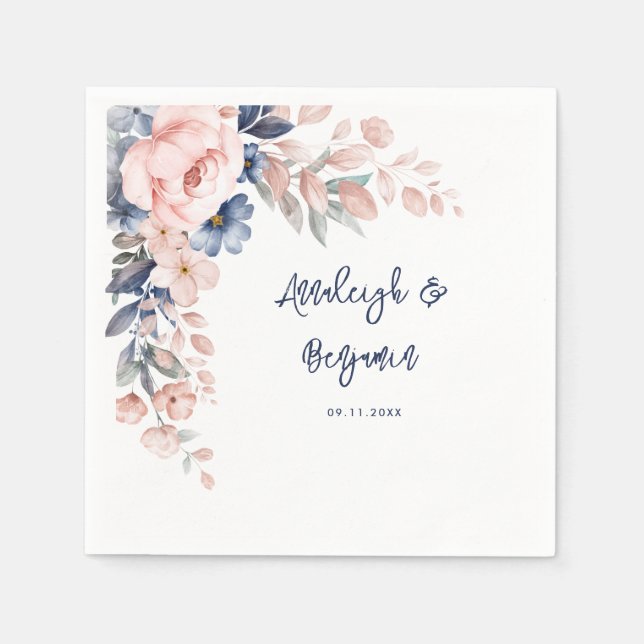 Pink Blue Floral Script Hochzeitsschrift Botanisch Serviette (Vorderseite)