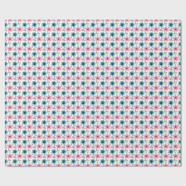 Pink & Blue Floral Seamless Pattern Geschenkpapier (Flach)