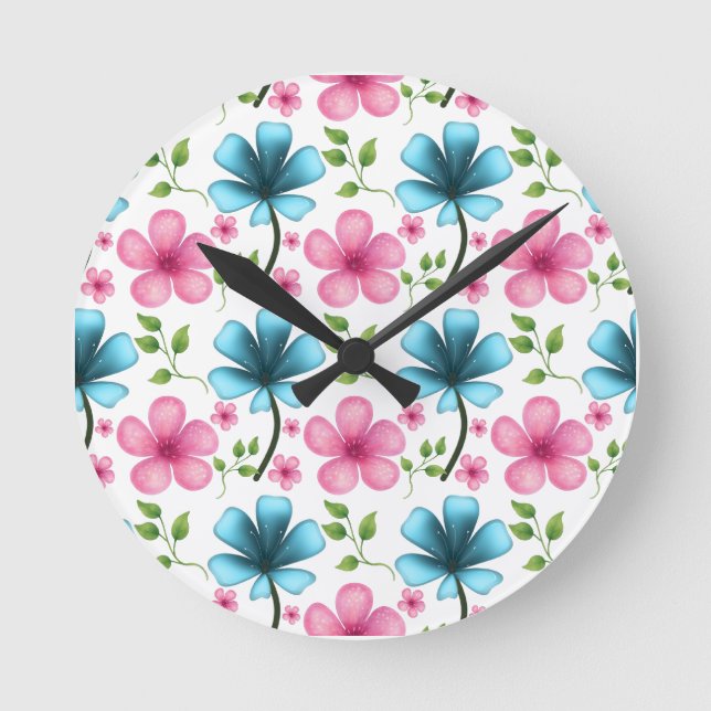 Pink & Blue Floral Seamless Pattern Runde Wanduhr (Vorderseite)