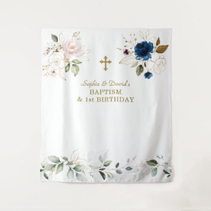 Pink Blue Floral Twins 1. Geburtstag Taufe Wandteppich