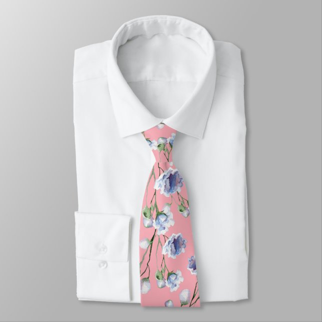 Pink Blue Floral wedding Neck Tie Krawatte (Gebunden)