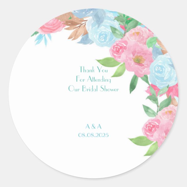 Pink Blue floral wedding Runder Aufkleber (Vorderseite)