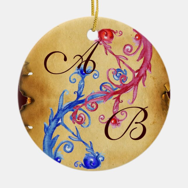 PINK BLUE FLORAL WEDL SWIRL PARCHMENT MONOGRAM KERAMIKORNAMENT (Vorne)