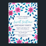 Pink Blue Flowers Blätter Acrylic Paint Sweet 16 Einladung<br><div class="desc">Dieses elegante und moderne Frühjahr/Sommer-16 . Geburtstag-Geburtstagsfest lädt zu einem stilvollen und stilvollen Event ein. Die handbemalten Acrylneon-Rosa-, Rosa-, Korallen- und Silberfarben-Blume mit marineblau-aqua-blauen Blätter auf einem schlichten, weißen Hintergrund mit passender handgeschriebener kursiver Typografie. Es ist ein hübsches, ländliches, süßes und wunderschönes Design, ideal für jede formale, Outdoor-, Hinterhof- oder...</div>