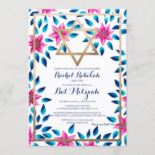 Pink Blue Flowers Blätter Bat Mitzvah Hebräischer Einladung