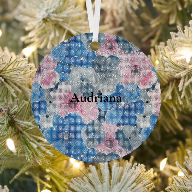 Pink Blue Flowers Sparkle Ornament Aus Metall (InSitu)