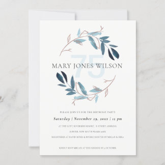 PINK BLUE FOLIAGE WREATH ALTER 75 GEBURTSTAGSKARTE DANKESKARTE