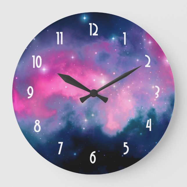 Pink & Blue Galaxy & Stars Abstrakt Große Wanduhr (Vorderseite)