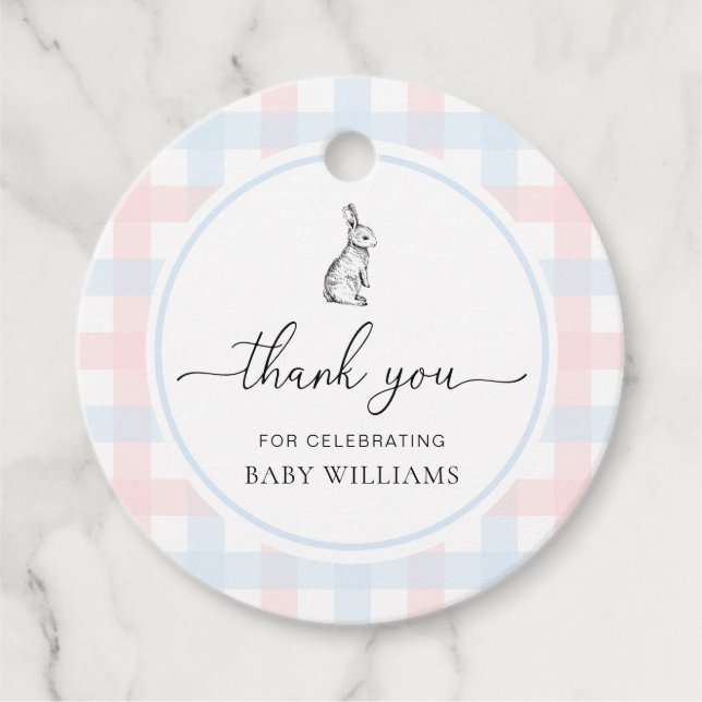 Pink Blue Gingham Bunny Rabbit Baby Dusche Geschenkanhänger (Vorderseite)