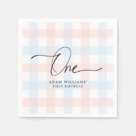 Pink Blue Gingham First Birthday Paper Napkin Serviette