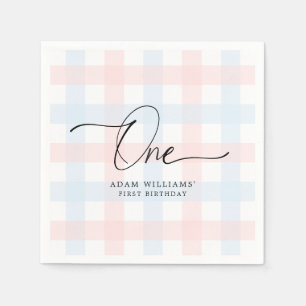Pink Blue Gingham First Birthday Paper Napkin Serviette
