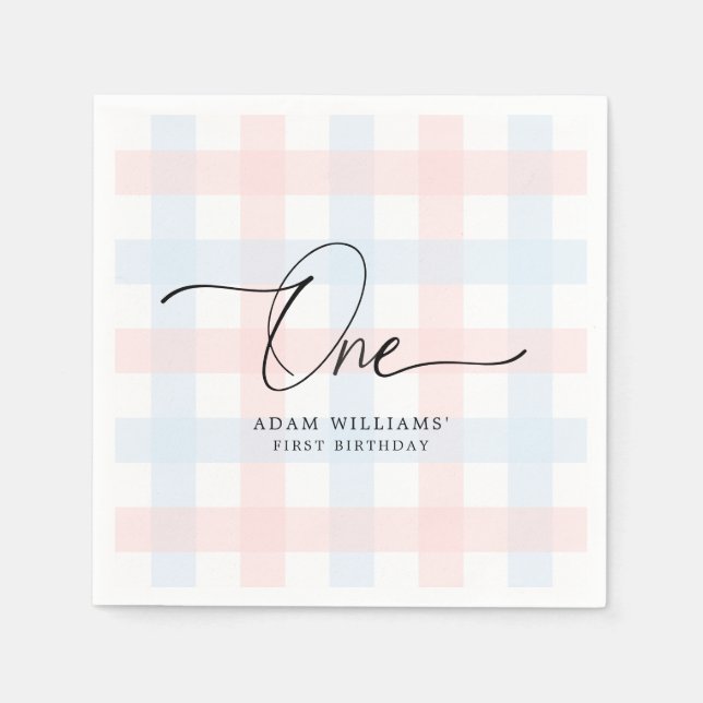 Pink Blue Gingham First Birthday Paper Napkin Serviette (Vorderseite)