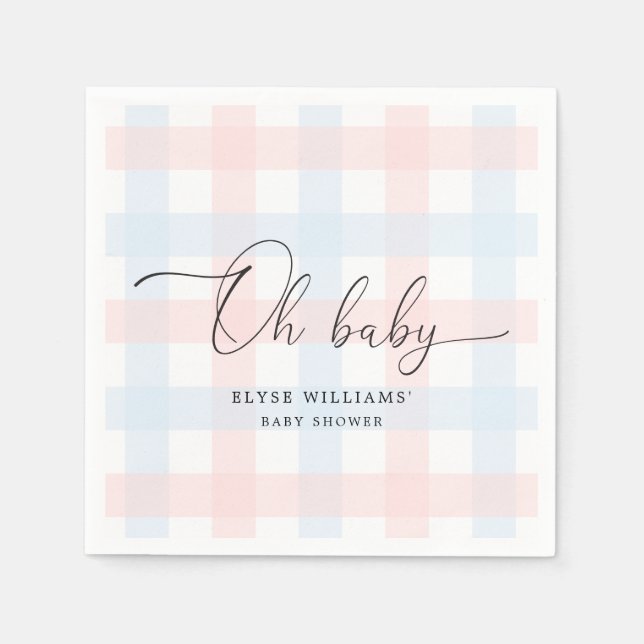 Pink Blue Gingham Oh Baby Paper Napkin Serviette (Vorderseite)