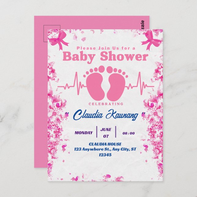 Pink & Blue Girl Baby Dusche Postkarte (Vorne/Hinten)