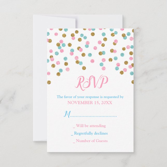 Pink Blue Gold Confetti Baby Dusche RSVP Karten (Vorderseite)
