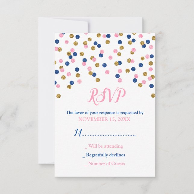 Pink Blue Gold Confetti Baby Dusche RSVP Karten (Vorderseite)