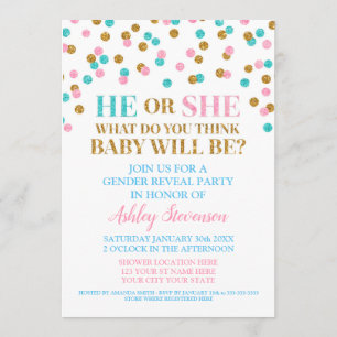 Pink Blue Gold Confetti Gender Reveal Baby Dusche Einladung