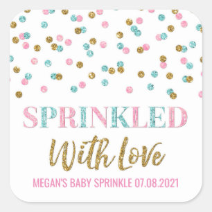 Pink Blue Gold Confetti Sprinkler mit Liebe Quadratischer Aufkleber