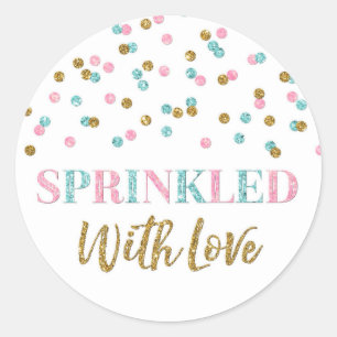 Pink Blue Gold Confetti Sprinkler mit Liebe Runder Aufkleber