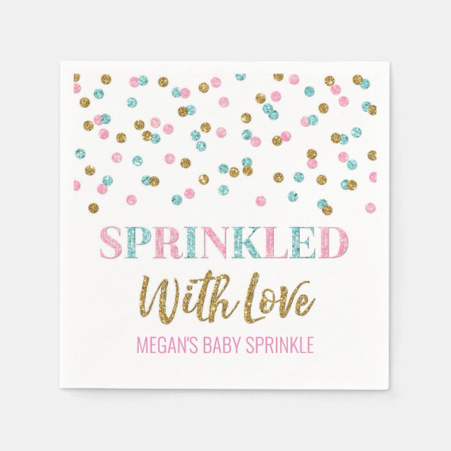 Pink Blue Gold Confetti Sprinkler mit Liebe Serviette (Vorderseite)