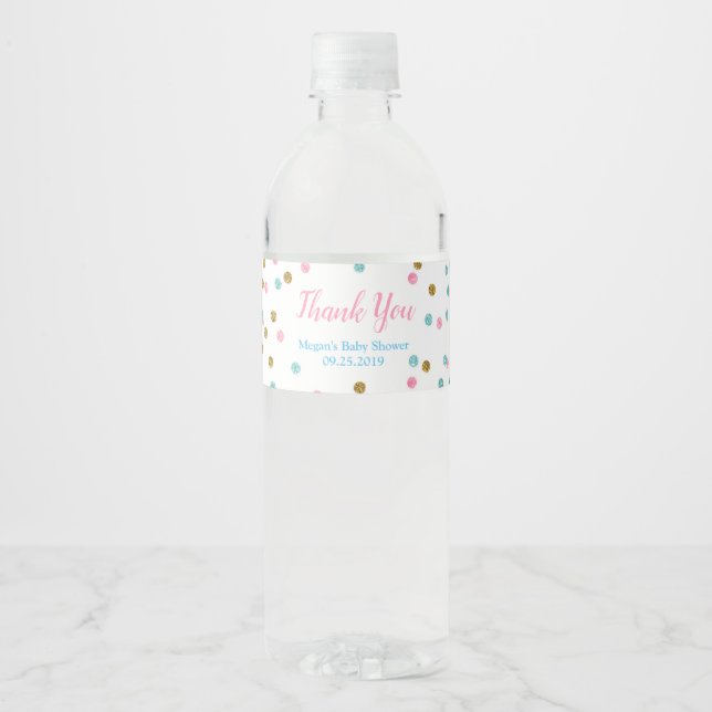 Pink Blue Gold Dots Baby Dusche Wasser Flasche Eti Wasserflaschenetikett (Vorderseite)