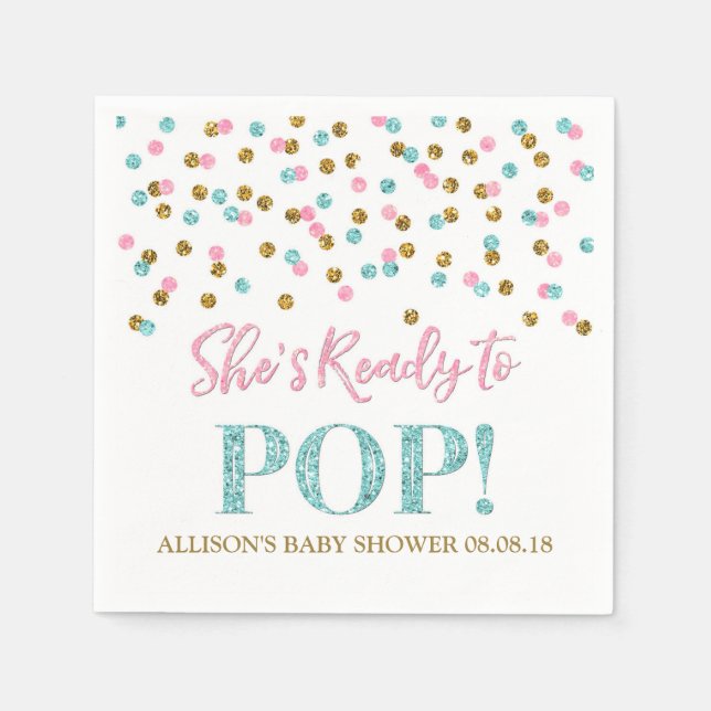 Pink Blue Gold Dots Sie ist bereit zum Pop Serviette (Vorderseite)