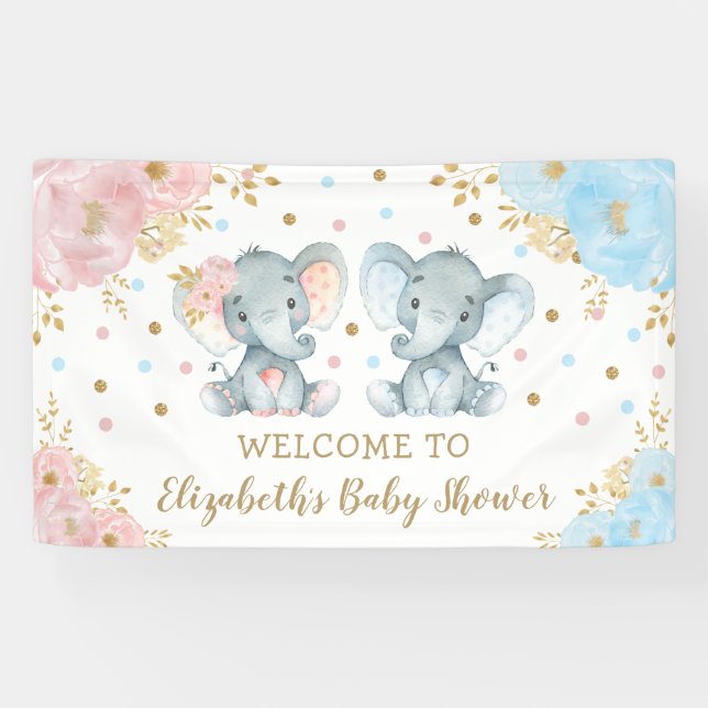 Pink Blue Gold Floral Elephant Twins Baby Dusche Banner (Horizontal)
