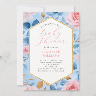 Pink Blue Gold Rose Kinderdusche Einladung