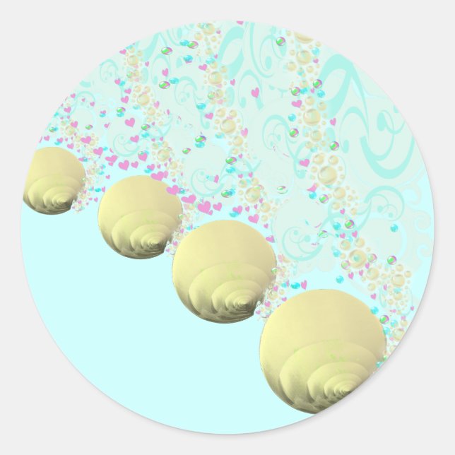 Pink Blue Gold Seashell Beach Wedding Runder Aufkleber (Vorderseite)