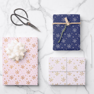 Pink Blue Gold Snowflake Muster Weihnachten Geschenkpapier Set