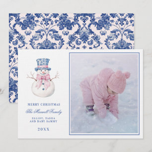 Pink & Blue Grandmillennial Damask Snowman Foto Einladung