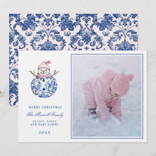 Pink & Blue Grandmillennial Damask Snowman Foto Einladung