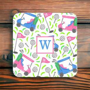 Pink Blue Green Golf Preppy Initial Rechteckiger Pappuntersetzer
