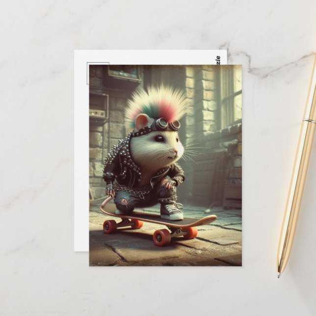 Pink Blue Hair Punk Rock Skateboard Hamster Postkarte (Vorderseite/Rückseite Beispiel)