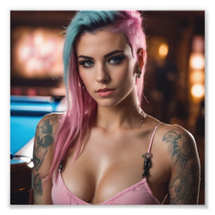 Pink Blue Hair Punk Tattoo Girl Pool Bar Fotodruck