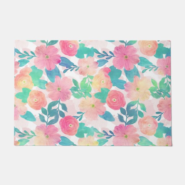 Pink Blue Hand Paint Floral Girl Design Fußmatte (Vorderseite)