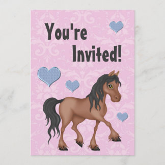Pink & Blue Horse & Herz Damask Geburtstag Einladu Einladung