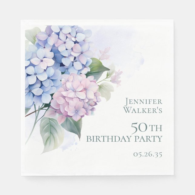Pink Blue Hydrangeas 50. Geburtstagsparty Serviette (Vorderseite)