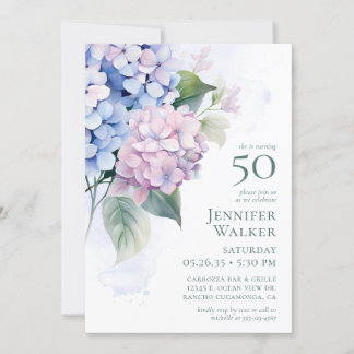  Pink Blue Hydrangeas 50th Birthday Card Request  Einladung