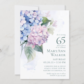 Pink Blue Hydrangeas 65. Geburtstagskarte Einladung