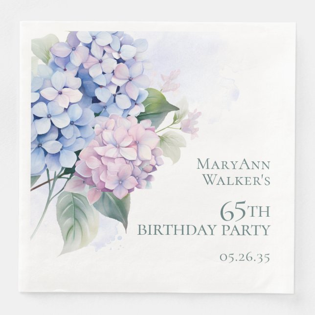 Pink Blue Hydrangeas 65. Geburtstagsparty Serviette (Vorderseite)