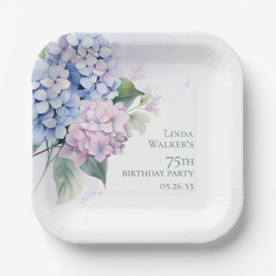 Pink Blue Hydrangeas 75. Geburtstag Pappteller