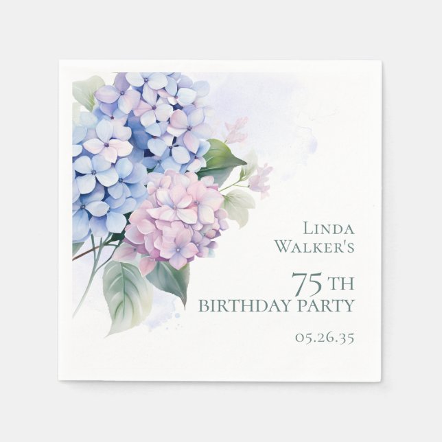 Pink Blue Hydrangeas 75. Geburtstagsparty Serviette (Vorderseite)
