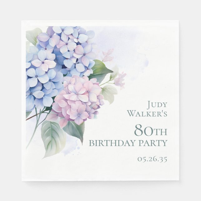 Pink Blue Hydrangeas 80. Geburtstagsparty Serviette (Vorderseite)