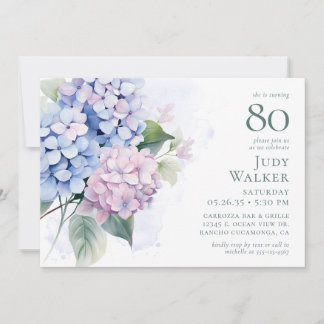 Pink Blue Hydrangeas 80th Birthday Card Request Einladung