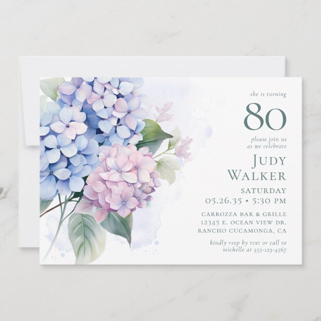 Pink Blue Hydrangeas 80th Birthday Card Request Einladung (Vorderseite)