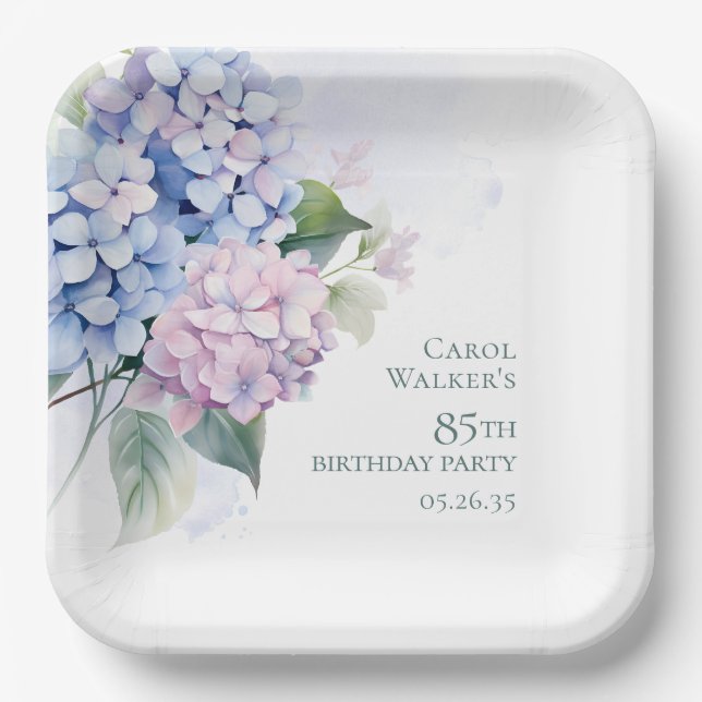 Pink Blue Hydrangeas 85. Geburtstag Pappteller (Vorderseite)