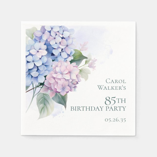 Pink Blue Hydrangeas 85. Geburtstagsparty Serviette (Vorderseite)