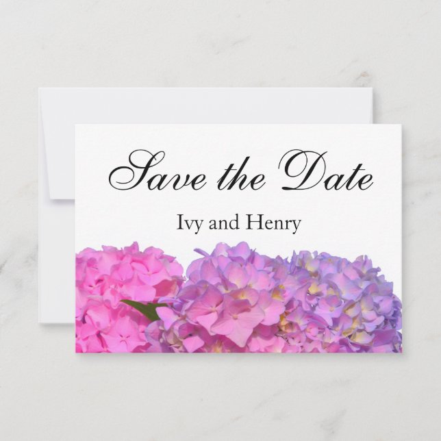 Pink Blue Hydrangeas elegante rosa violette Blumen Save The Date (Vorderseite)