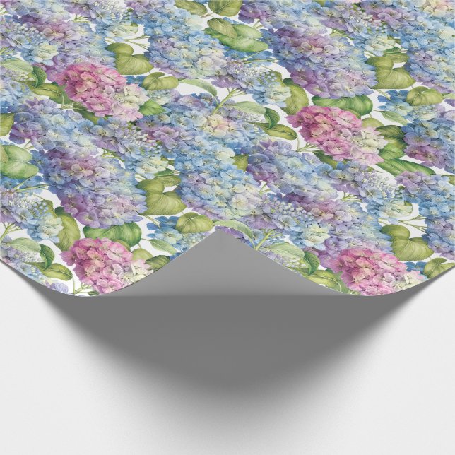 Pink Blue Hydrangeas in Bloom Floral Geschenkpapier (Ecke)